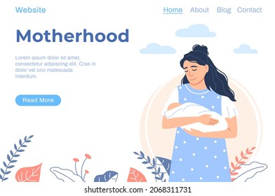 Motherhood landing page. Young Caucasian woman holding her newborn sleeping baby with blanket. Flat beautiful mother. Homepage layout web design. Parenthood website template vector illustration.