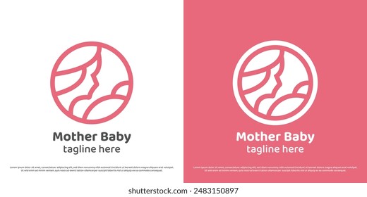 Motherhood logo design illustration. Linear silhouette of mother and child baby tender affection love stamp label sticker. Simple gentle warm care help health circle icon symbol.