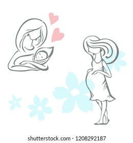 Motherhood logo. Mother and newborn baby icon. Pregnant stylized woman.