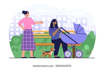 Motherhood and love concept. Woman sitting on bench and rocking newborn in stroller. Mom walking with baby. Character takes care of child. Cartoon flat vector illustration isolated on white background