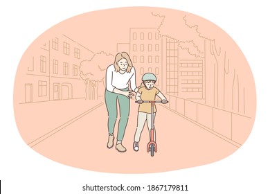 Motherhood, love of Mother, parenthood and childhood concept. Young positive woman mother cartoon character helping to ride scooter to her small son boy during walk outdoors vector illustration 