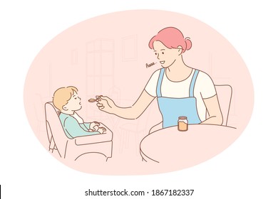 Motherhood, love of Mother, parenthood and childhood concept. Young positive woman mother cartoon character sitting feeding her small son with spoon at home vector illustration 