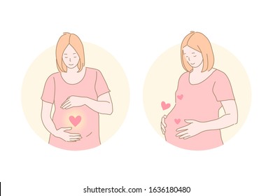 Motherhood, love, pregnancy, birth, care, set. Pregnant woman caressing her tummy with love. Stroking belly expecting preggo. Single gravid mother. Maternity, motherhood, childbirth simple flat vector