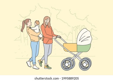 Motherhood and maternity happiness concept. Female friends cartoon characters walking with baby in stroller and chatting in park together outdoors vector illustration 