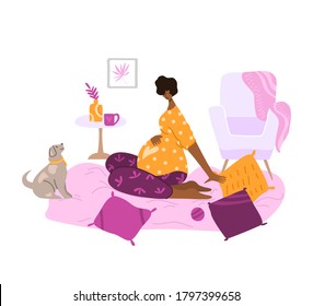 motherhood and maternity scene, Young pregnant African American woman in cozy room, flat cartoon female character. Waiting for a baby. Black girl sitting on pillows, funny dog is next to her - vector