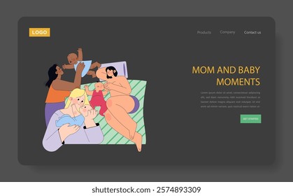 Motherhood moments set. Diverse women lovingly interact with their babies, nurturing child development. Tender care routines. Vector illustration.