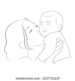 Motherhood. Mother and baby. Mom kisses the child. Sketch. Vector illustration isolated on white background