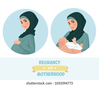 Motherhood. A mother with a baby and a pregnant woman. Vector illustration. Muslim. Traditional clothes. 