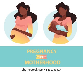 Motherhood. A mother with a baby and a pregnant woman. Vector illustration. Dark-skinned pregnant woman.  