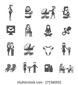 Motherhood mother and child black icons set isolated vector illustration