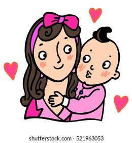 Motherhood. Mother holds a child. Long hair. Pink bow. Vector graphic art. The black line. Colorful. Isolated people.