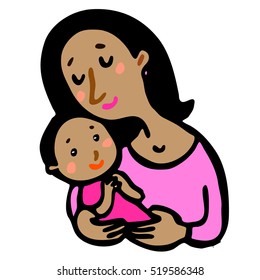 Motherhood. Mother holds a child. Vector graphic art. The black line. Colorful. Isolated people.