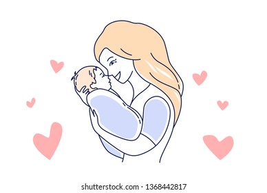 Motherhood. Mother love and child. Mom looking at the baby hand drawn style vector illustration