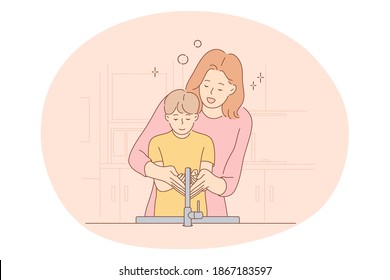 Motherhood, Mother and son, mothers day concept. Young positive woman mother cartoon character helping to wash hands to her small son boy at home in bathroom vector illustration 