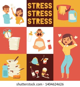 Motherhood, Multi-tasking And Family Concept - Tired Mother Having Headache With Baby At Home. Housework, Washing-up And Office Work. Bad Habits. Smoking And Alcohol Drinking. Time Management.