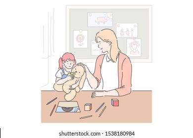 Motherhood, Parenting, Babysitting Concept. Mother And Daughter Playing Together, Little Girl With Toy In Playroom, Mom Spending Time With Kid, Mommy And Child Relationship. Simple Flat Vector