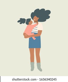 Motherhood parenting happiness. Young pretty girl holding her daughter. African American mother hugging her child portrait. Flat modern earthy colors illustration design.