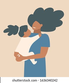 Motherhood portrait lovely happy woman with her kid smiling, holding child. African American mother hugging her child portrait. Flat modern earth tones illustration design.