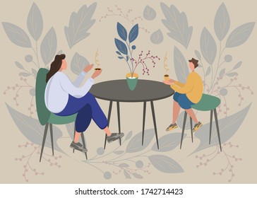 Motherhood portrait lovely woman with her son. Mother having cup of tea in cafe with table with her child. Flat modern vector illustration design. Family, love, tenderness concept. Floral background
