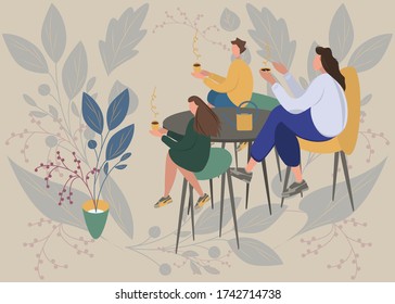 Motherhood portrait lovely woman with her kids. Mother having cup of tea in cafe with table with babies. Flat modern vector illustration design. Family, love, tenderness concept. Floral background
