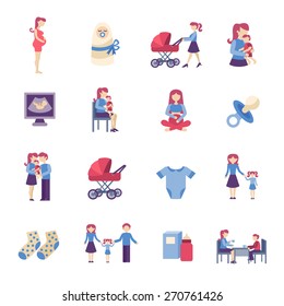 Motherhood pregnancy and maternity flat icons set isolated vector illustration