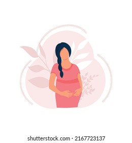 Motherhood. A pregnant woman holds her stomach with her hands. Vector illustration in a flat style.