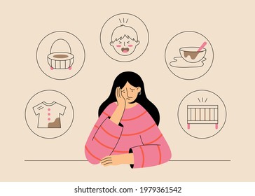 Motherhood Problems Concept. Young Mom Is Tired Of Routine And Babysitting. Parental Burnout. Unhappy And Depressed Mother. Vector Flat Illustration.