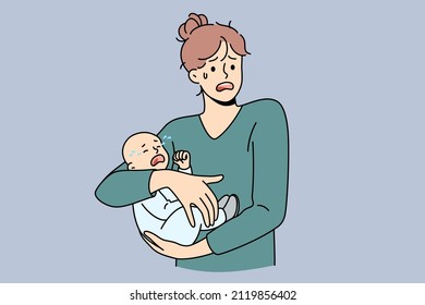 Motherhood problems and stress concept. Young stressed woman mother holding her crying infant baby on hands feeling nervous frustrated postpartum depression vector illustration
