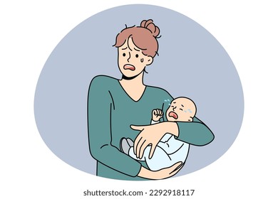 Problemas de maternidad y concepto de estrés. Madre joven estresada sosteniendo a su bebé llorando en las manos sintiéndose nerviosa frustrada depresión postparto ilustración vectorial