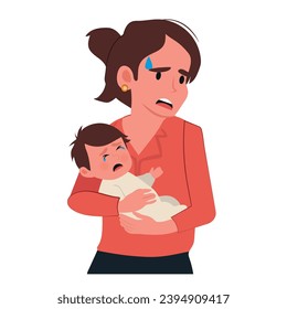 Motherhood problems and stress concept. Young stressed woman mother holding her crying infant baby on hands feeling nervous frustrated postpartum depression vector illustration