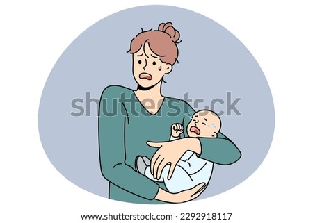 Motherhood problems and stress concept. Young stressed woman mother holding her crying infant baby on hands feeling nervous frustrated postpartum depression vector illustration