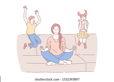 Motherhood, psychological balance concept. Mother meditating in lotus pose with excited kids jumping on sofa, relaxed mommy practicing yoga calming techniques. Simple flat vector