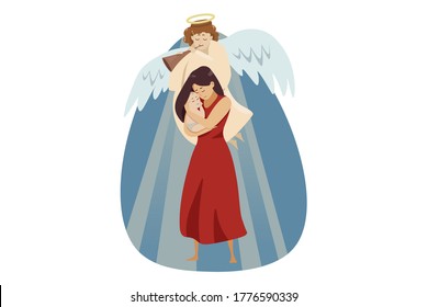 Motherhood, religion, christianity, love concept. Angel playing pipe and telling good news for young happy woman mom and newborn child baby. Mothers day and divine support and blessing illustration.