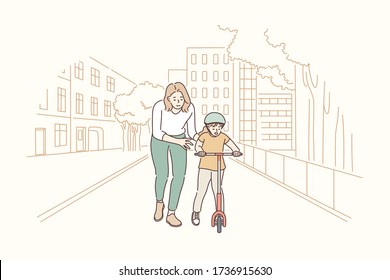 Maternidad, equitación, niñez, concepto de entrenamiento. Personajes de caricatura: joven madre enseñando a un niño, hijo, adolescente, a montar en moto. Ilustración de esparcimiento de verano y de día de las madres que cuidan a sus hijos.