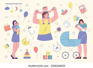 Escenas de maternidad y elementos para el bebé. Las mujeres son recién nacidas, amamantadas y embarazadas. Kicky feliz madre y niños vector set. Tapones, botellas de alimentación y juguetes