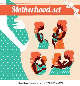 Motherhood set. Silhouettes of mother and baby