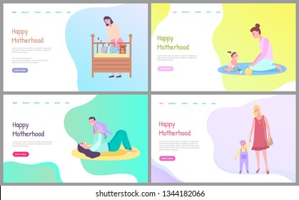 Maternidad, recién nacido en cama de bebé, madre jugando con su hija en el piso, madre y niño sentados en el tatami, padres caminantes con vector infantil. Plantilla de sitio web o página web, estilo plano de página de inicio