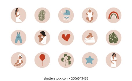 Motherhood social media highlight covers. Abstract mother kid pregnant woman baby icons contemporary style. Vector art print