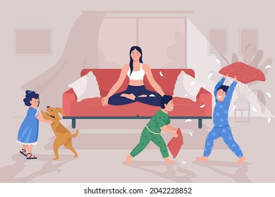 Motherhood stress flat color vector illustration. Kids playing and making mess. Calm woman surrounded by loud children. Family 2D cartoon characters with home interior on background