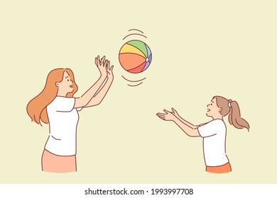 Motherhood and summer activities concept. Female mother and daughter cartoon characters playing bal outdoors in summer together having fun vector illustration 