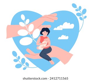 Motherhood support and care concept. Woman with newborn under protection. Carefree happy parenthood, safe mother and child recent vector scene