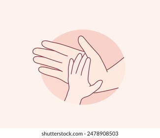 Motherhood, trust and support concept. Close-up of Hands of child and adult, parent and son or daughter. Hand drawn style vector design illustrations.