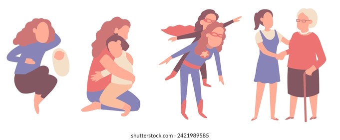 Motherhood at various phases of a child's growth. Mom with a newborn. A woman hugs her daughter. Parent and kid are playing. A woman takes care of an elderly mother. Vector illustration