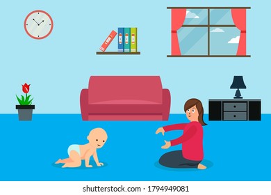 Motherhood vector concept: baby crawling to his or her mother in the living room
