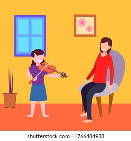 Motherhood vector concept: girl playing violin in front of her mother