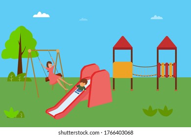 Motherhood vector concept: mother and son playing on swing and slide