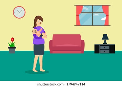 Motherhood vector concept: woman carrying her baby child playfully in the living room