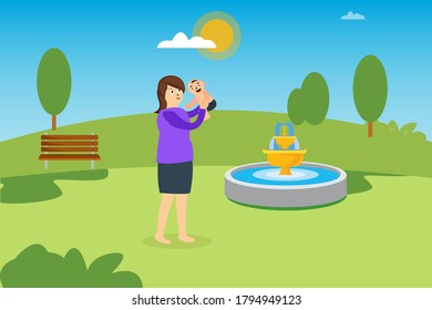 Motherhood vector concept: woman carrying her baby child playfully in the green park