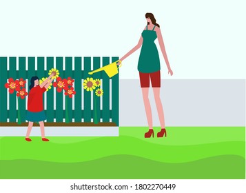 Motherhood vector concept: woman watering flowers on her home fence along with her daughter