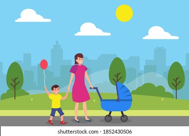 Motherhood vector concept: Young mother walking in the park with her little son while pushing baby on stroller